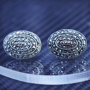 Vintage sterling silver 925 oval studs earrings with marcasite, stamped 925