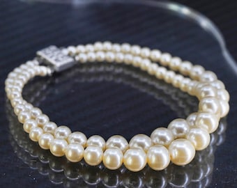 Pulseira vintage de prata esterlina 925 de 7”, feita à mão com fios duplos e contas de pérolas falsas, esterlina estampada