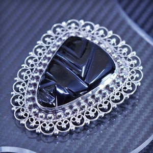 Vintage G&G sterling silver 925 handmade Mexican warrior black onyx pendant brooch with beads, stamped 925 Mexico