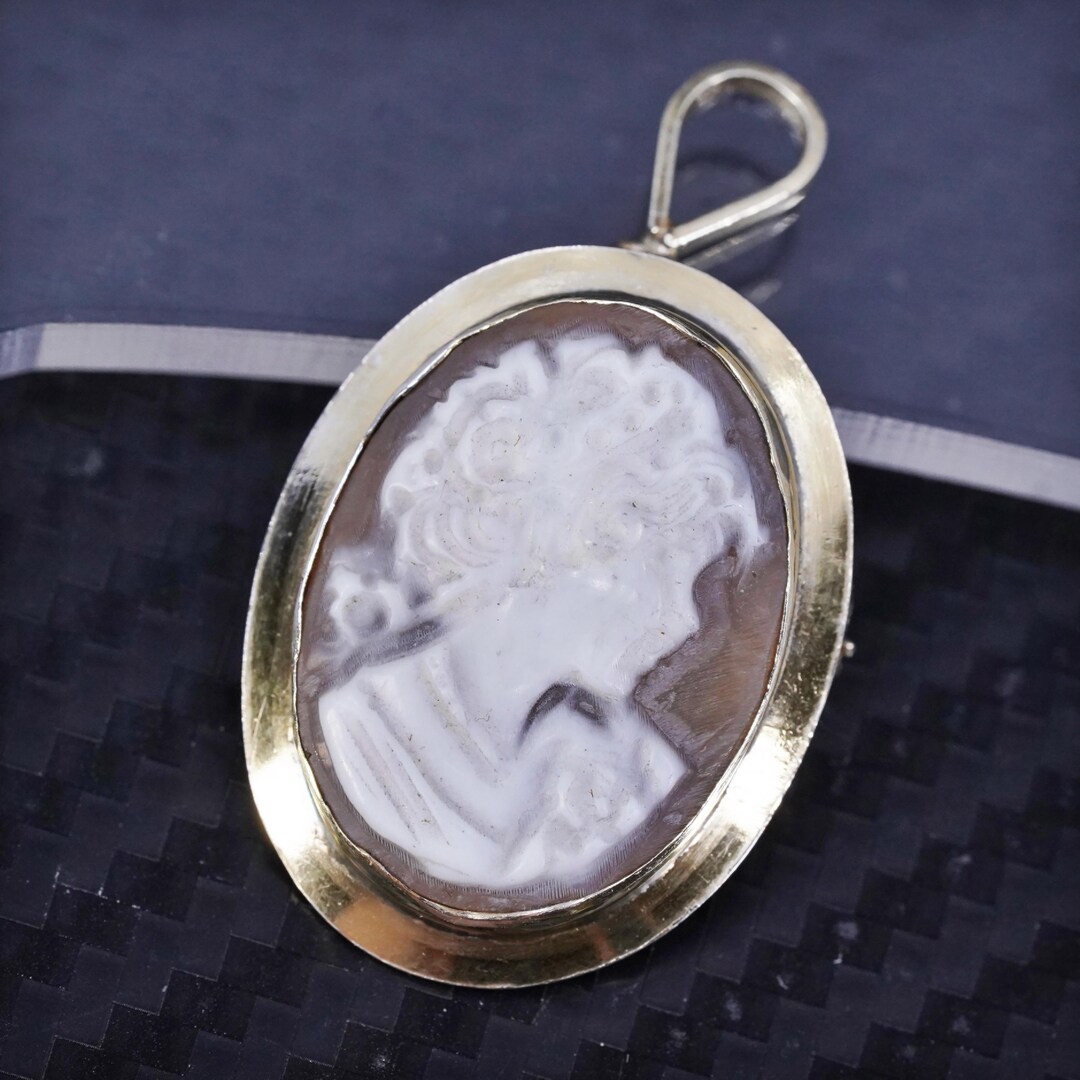 Broche Pendentif Camée Vierge En Coquillage - Argent Massif Vermeil - Ancien