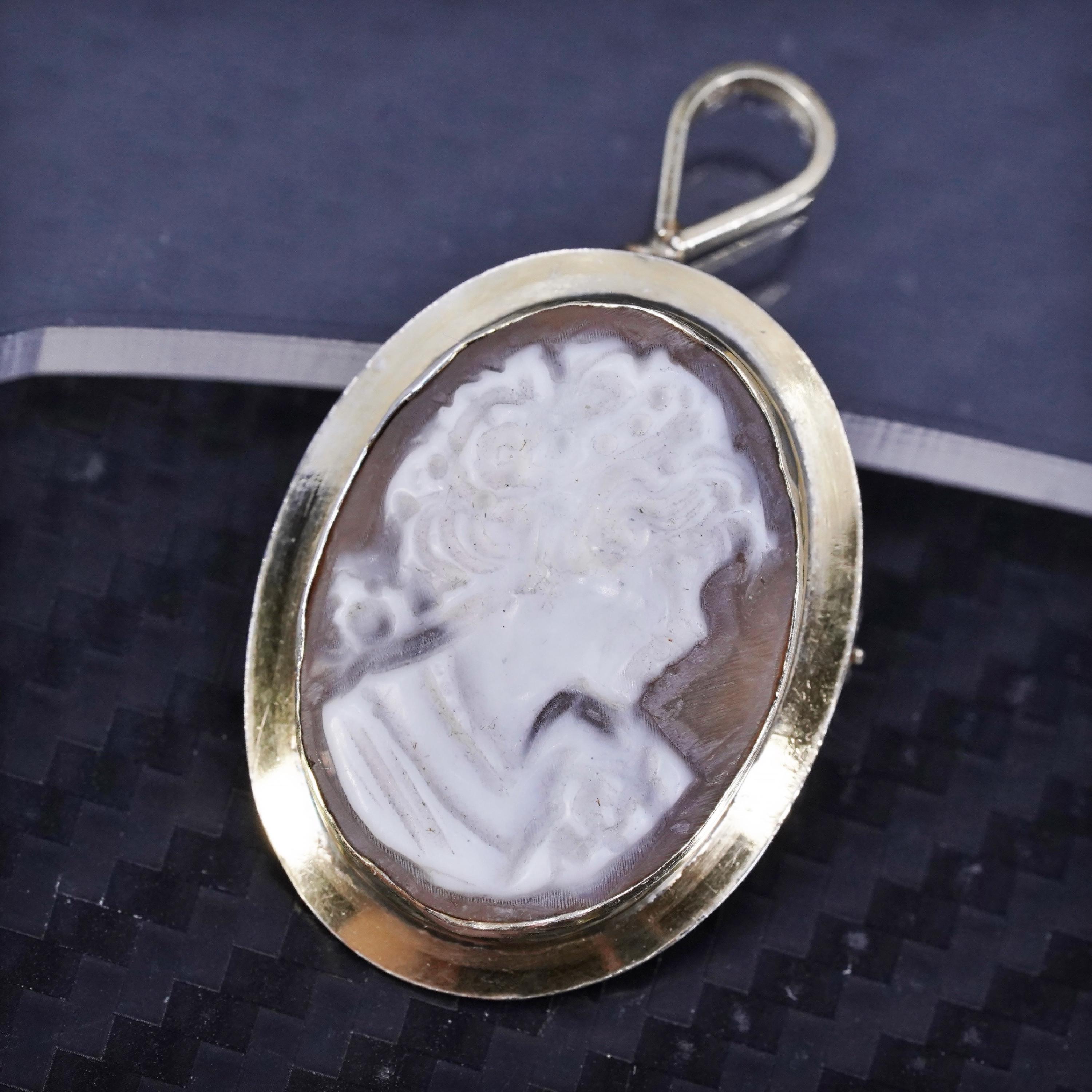 Broche Pendentif Camée Vintage Coquillage En Argent Sterling 925 - Italie - Longueur 4.5 Cm