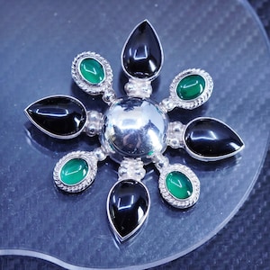 Vintage sterling silver 925 handmade Mexican warrior jade pendant brooch with beads, stamped 925 Mexico