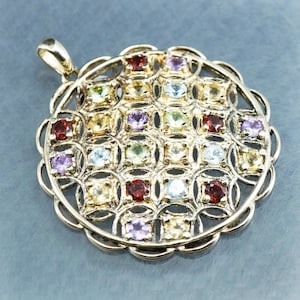 Vintage vermeil yellow gold over sterling silver 925 handmade circle pendant with cluster gemstone, stamped 925