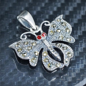Italian sterling silver 925 butterfly charm pendant with cz and marcasite, stamped 925