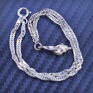 9.75” 3mm, vintage Italian sterling silver 925 twisted curb chain anklet with shell charm, stamped 925 Italy