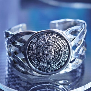 6.75”, vintage Mexico sterling silver 925 handmade Mayan calendar woven cuff bracelet, stamped 925 Mex