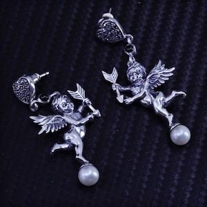 Vintage Judith jack sterling silver 925 handmade with Jupiter Angel earrings with marcasite and pearl, stamped sterling