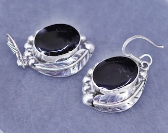Vintage mexikanischer Sterling Silber 925 handgemachte Ohrringe mit ovalen Onyx und Blattdetails, gestempelt Mexiko 925 TG-36