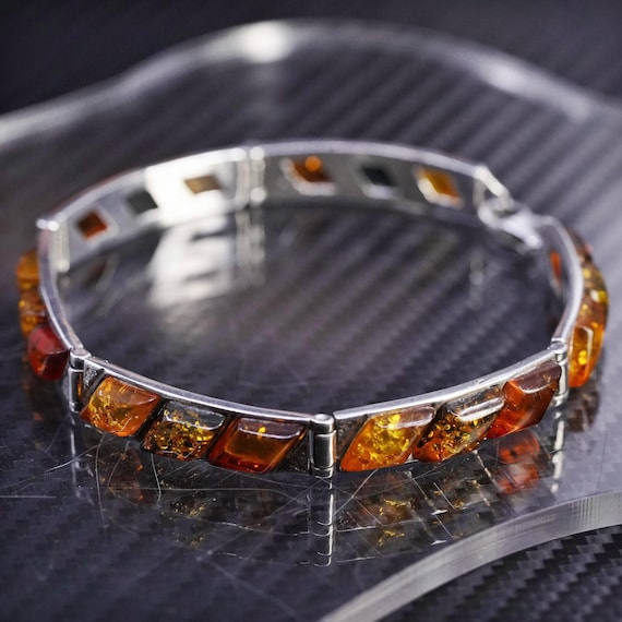 7.75”, vintage sterling silver 925 handmade tennis bracelet with amber, stamped 925