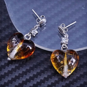 Vintage sterling silver 925 handmade yellow glass heart earrings, stamped 925