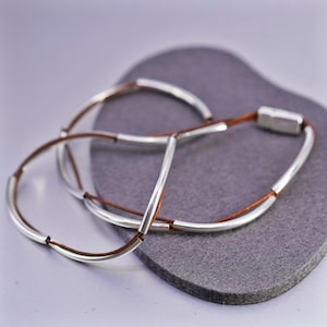 20”, vintage sterling silver 925 handmade wavy bone necklace with brown leather core, silver tested