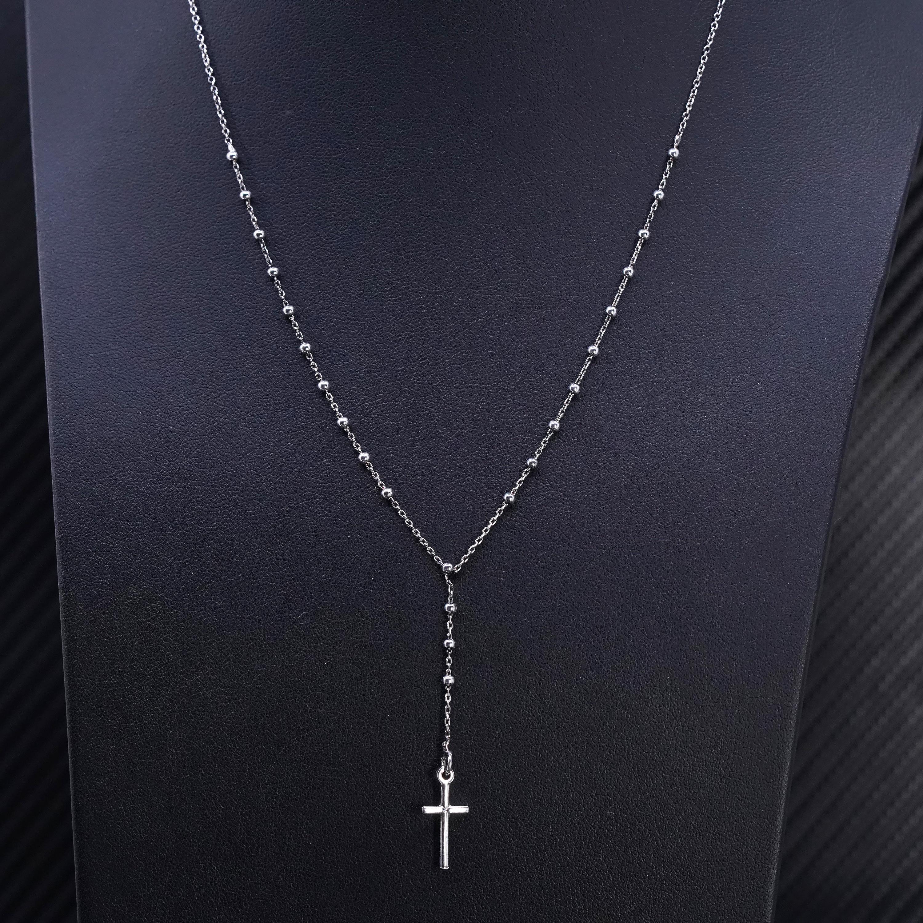 18”, Vintage Sterling Silver 925 Rosary Necklace With Jesus Cross 
