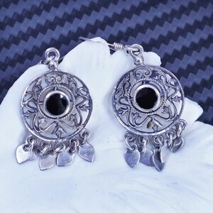 Vintage southwestern sterling silver 925 handmade  filigree circle earrings with onyx and fringe, stamped 925