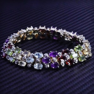 6.5”, vintage vermeil yellow gold over sterling silver 925 tennis bracelet with amethyst ruby peridot citrine topaz, stamped 925