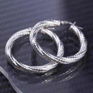 1.25”, vintage Italian Vior sterling silver 925 twisted textured hoops earrings, stamped 925 Italy