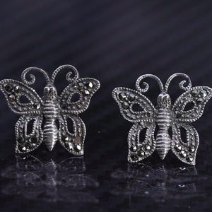 Vintage sterling silver 925 butterfly studs earrings with marcasite, stamped 925