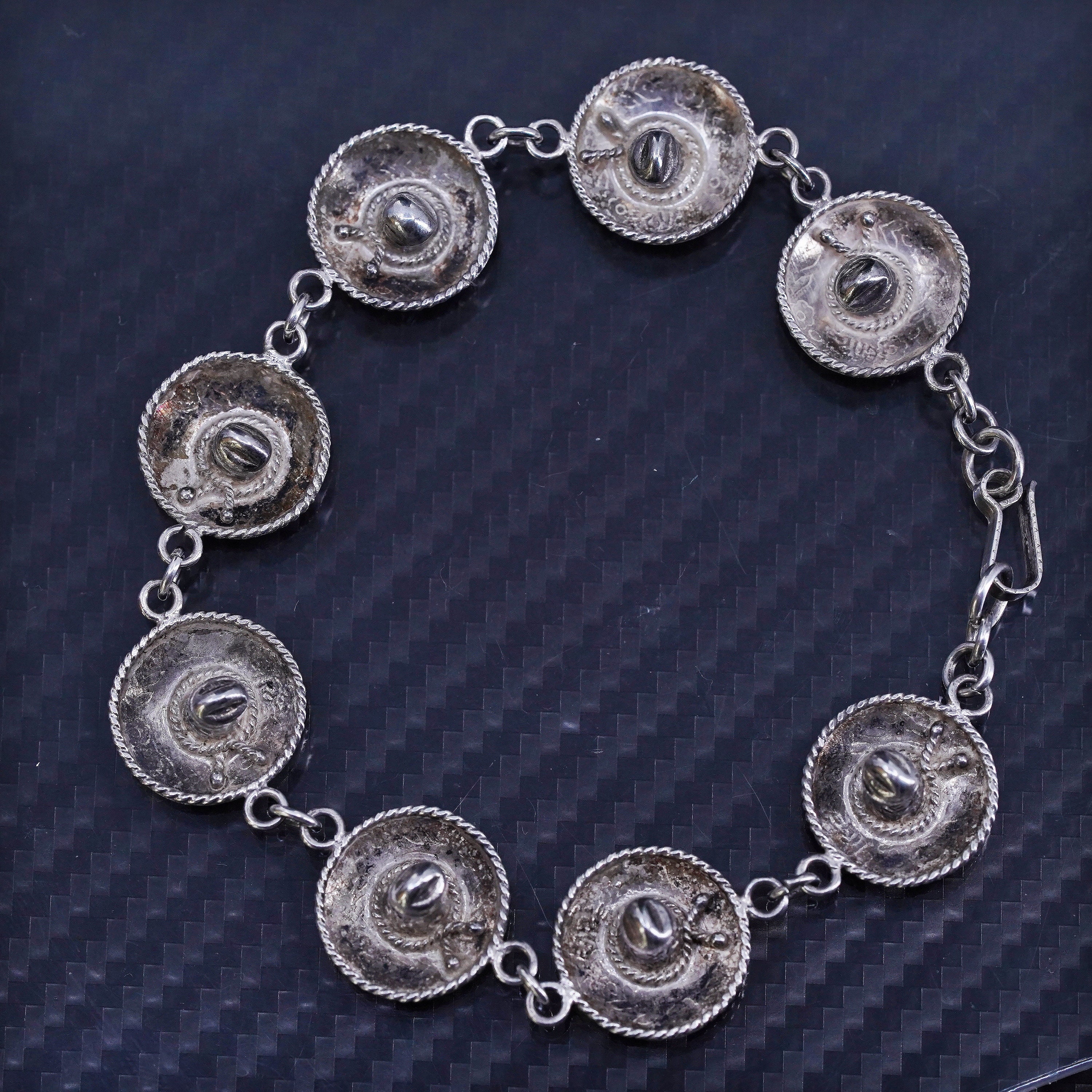 7”, vintage Mexican sterling silver 925 sombrero bracelet, stamped 