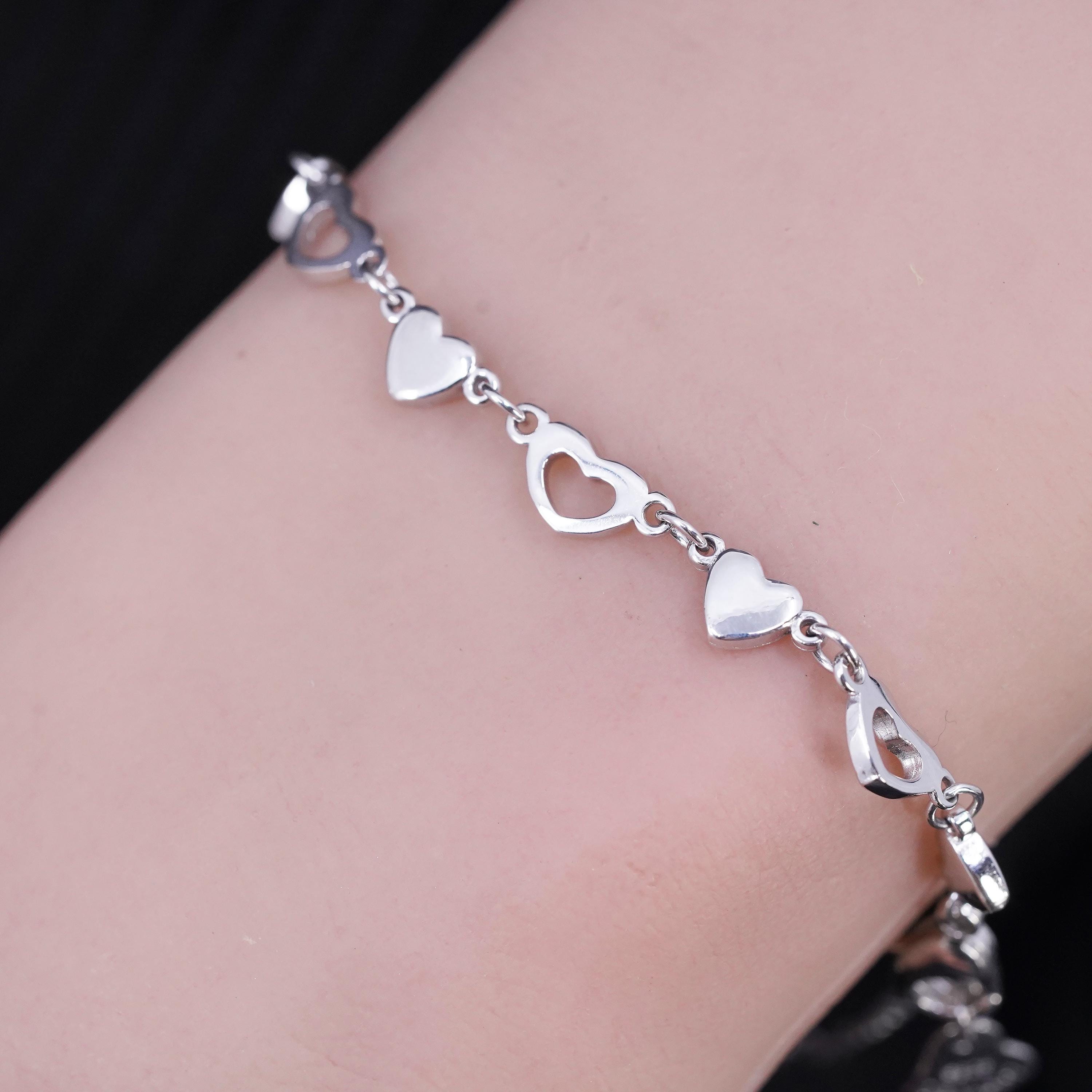 6.5+1”, Vintage Sterling Silver 925 Handmade Heart Chain Bracelet