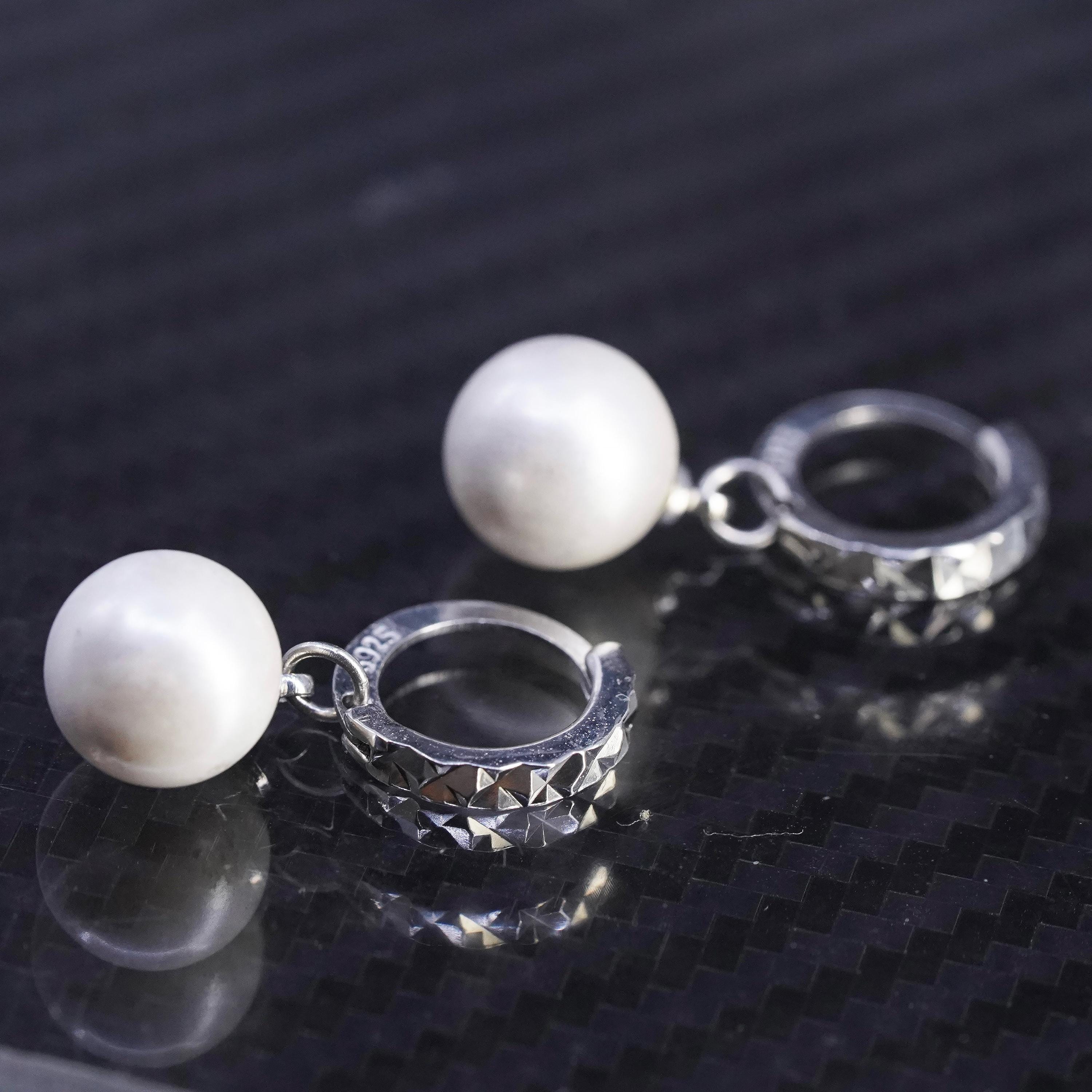 Orecchini a cerchio vintage in argento sterling 925 da 0,5 pollici, fatti a mano con perla sintetica, punzonati 925 - Italia