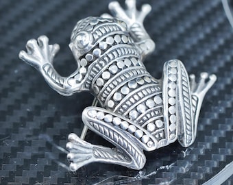 Vintage Mexican sterling silver handmade brooch, beaded 925 frog with marcasite, stamped 925 mexico