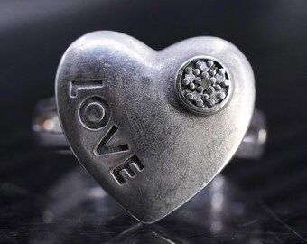 Größe 6,5, Vintage Sterling 925 Silber Herzring mit Diamant embossed love, gestempelt 925