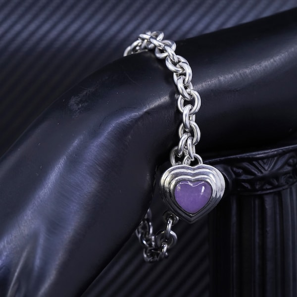 7” 8mm, vintage sterling silver 925 bold circle chain bracelet with purple jadeite heart charm, stamped 925 Thailand