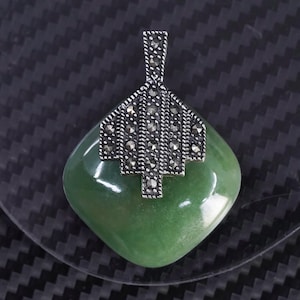 Vintage sterling silver 925 handmade pendant with square jade and marcasite, stamped 925