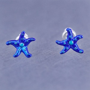 Vintage sterling silver 925 blue enamel starfish studs earrings, stamped 925