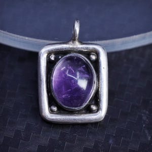 Vintage sterling silver 925 handmade rectangular pendant with oval amethyst, stamped 925