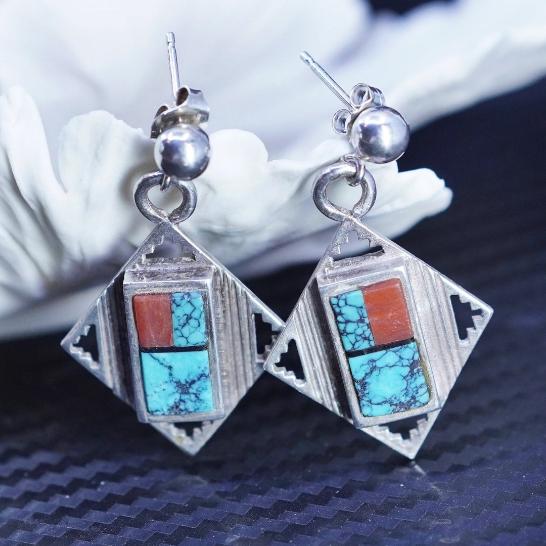 Native American IJS Sterling Silver 925 Handmade Square Earrings