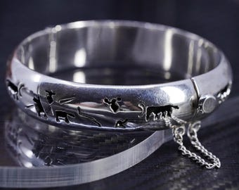 6", vintage sterlingzilveren zuidwestelijke scharnierende armband rotstekening dierlijk motief manchet inheemse stijl boho statement sieraden cadeau voor hij