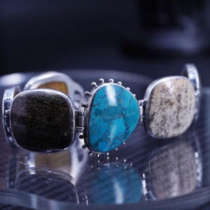 7.25”, Silpada Sterling 925 Silver Multi Stone Toggle Bracelet, B1934 Gem Stones Turquoise Jasper Bronzite Pyrite, stamped 925