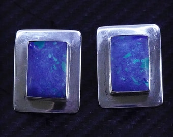 Vintage Mexiko Sterling Silber 925 rechteckige Ohrstecker mit blauem Stein Inlay, gestempelt 925 Mexiko