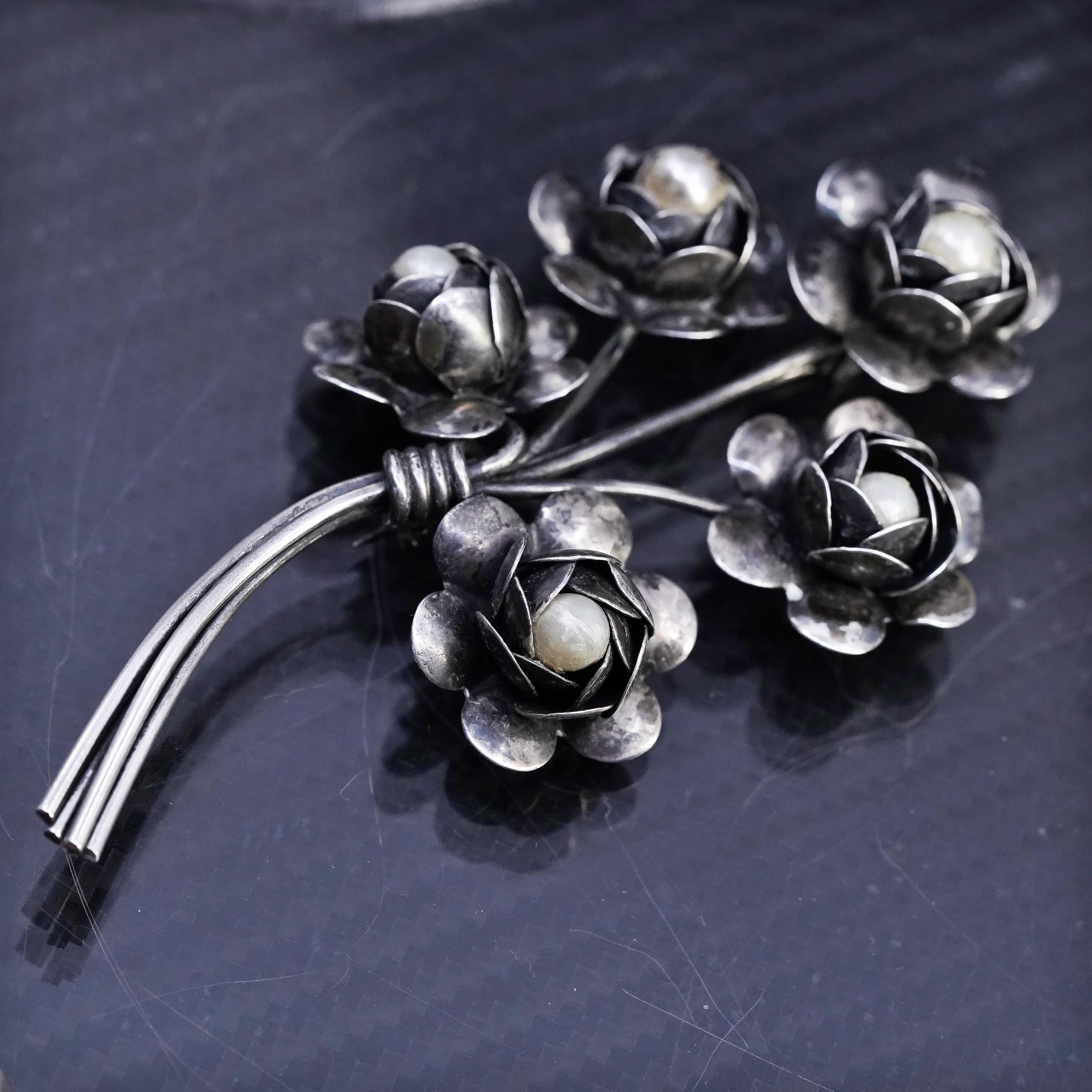 Vintage Coro Sterling Silver 925 Handmade Flower Brooch With Pearl