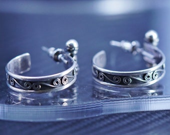 1”, vintage sterling silver 925 handmade textured hoops earrings with beads, stamped 925