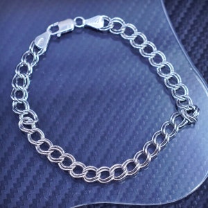 Pulseira de corrente dupla de prata esterlina 925 de 7,5” e 6 mm, vintage Itália, carimbada 925 Itália