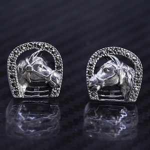 Vintage sterling silver 925 horse studs earrings with marcasite, stamped 925