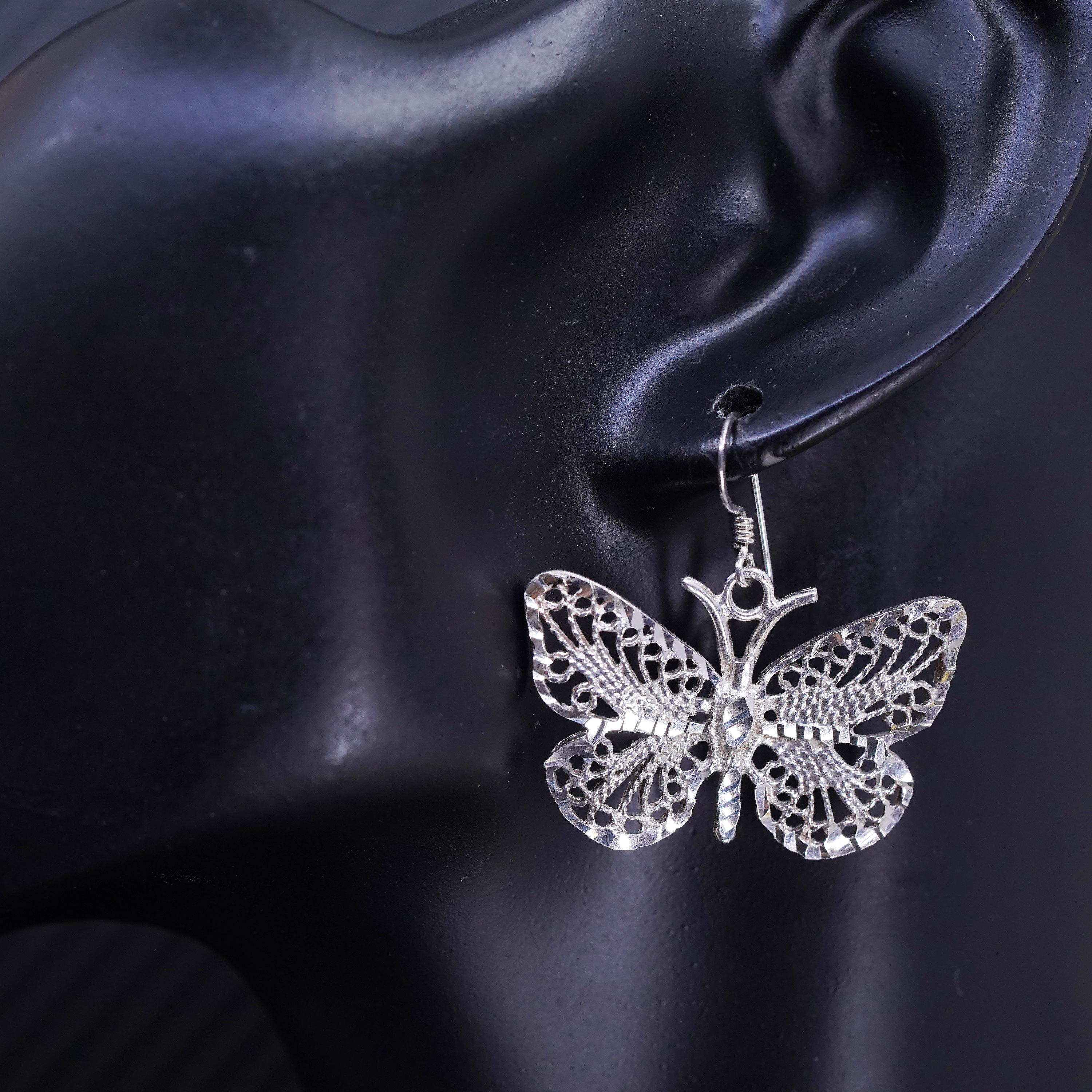 Boucles D'oreilles Percées Vintage En Forme De Papillon - Couleur Argent - Réf. 5490 - Occasion Parfait état