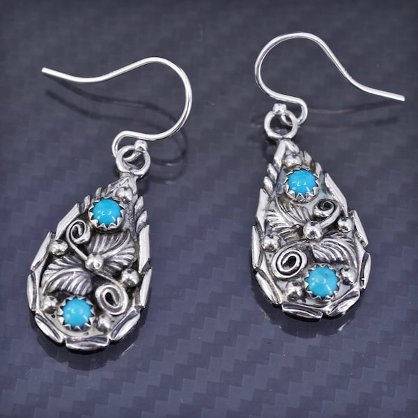 Native American Navajo Glenn & Irene Sandoval sterling silver 925 handmade teardrop earrings with turquoise, stamped sterling GS