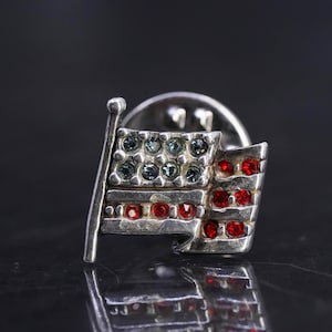 Vintage sterling silver 925 handmade American Flag pin with cluster cz inlay, stamped 925