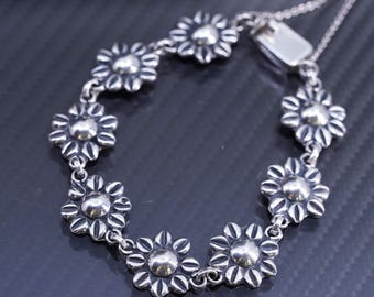 7.5”, vintage Mexican sterling silver 925 handmade sunflower flower link chain bracelet, stamped 925 Mexico