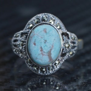 size 7, southwestern sterling silver 925 handmade ring with oval turquoise and marcasite, stamped 925