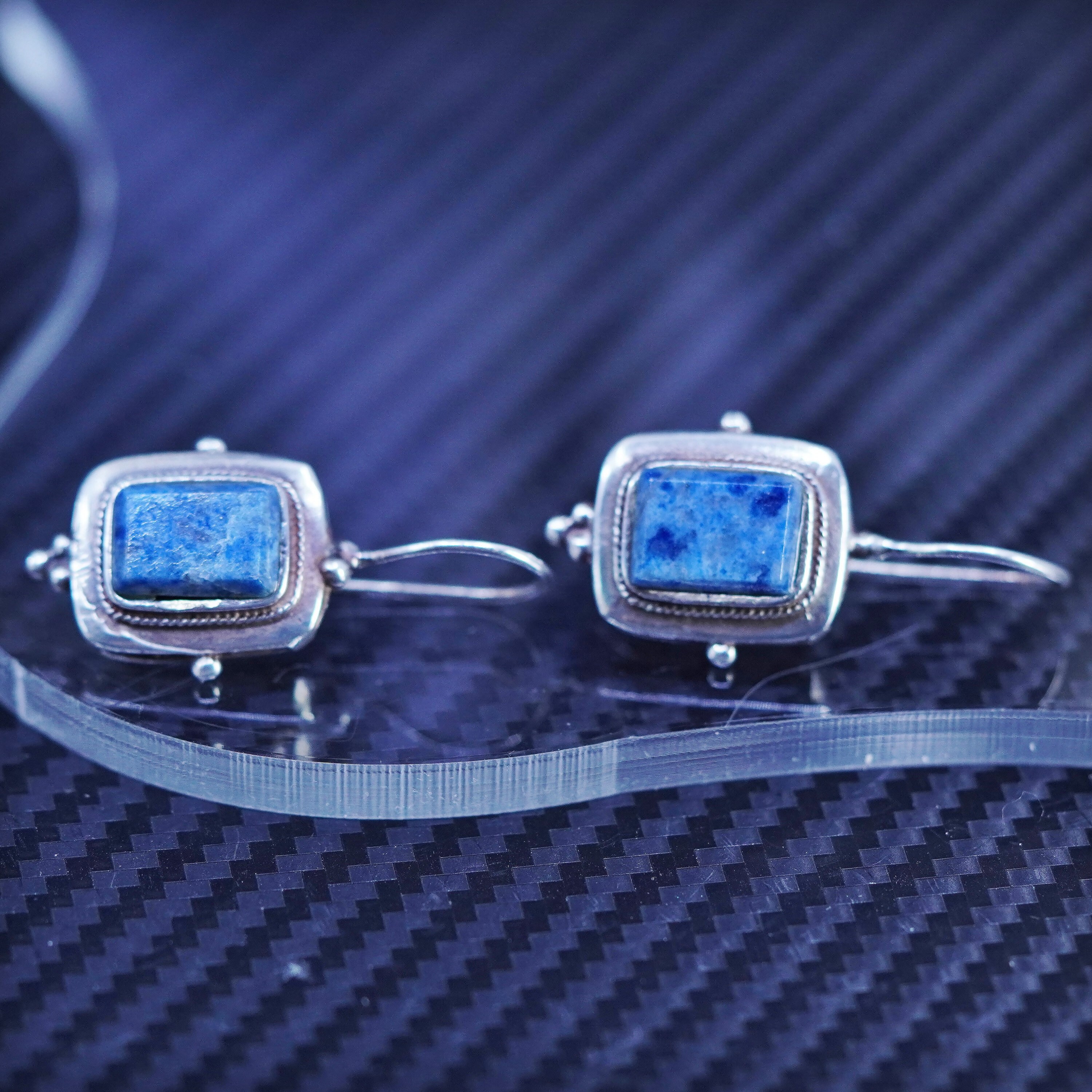 Boucles D'oreilles Clip Argent 925 - Marcassite Et Lapis-lazuli - Occasion