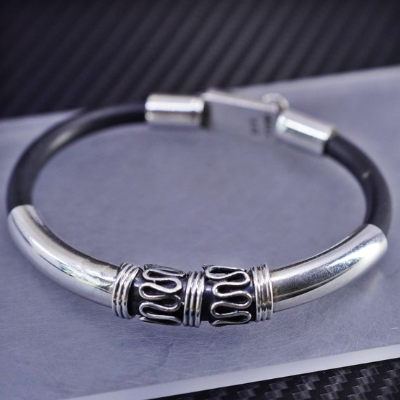 6.75”, Vintage Black Rubber Chain Bracelet With Sterling 925 