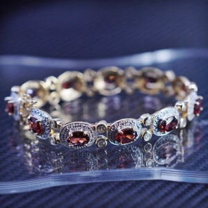 7.5”, vintage vermeil yellow gold over sterling silver 925 wide tennis bracelet with ruby cz details, stamped 925