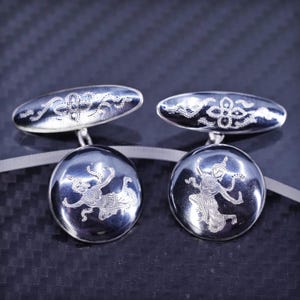 Boutons de manchette vintage indien Siam en argent sterling 925 texturé déesse indienne, estampillés Siam