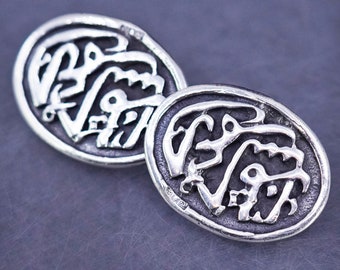 Vintage sterling silver handmade earrings, 925 clip on with Arabic letter embossed, stamped 925