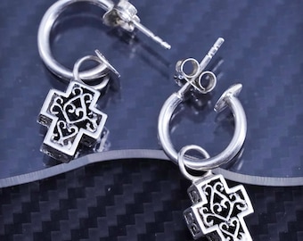0.5”, vintage sterling silver 925 huggie hoops handmade earrings with filigree cross charm, stamped 925