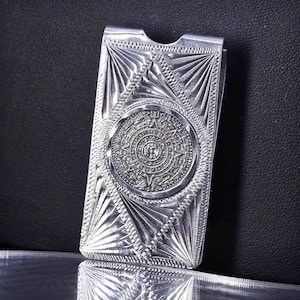 Vintage Sterling Silber 925 Dreidimensionale Hochrelief Slide Fold Over Style Geldklammer mit Maya-Kalender, gestempelt Mexico 925 MR-112