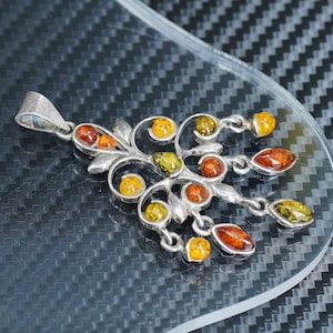 Vintage sterling silver 925 handmade filigree amber pendant, stamped 925